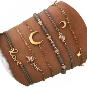 Boho Rope Bracelet Women Gold Moon Heart Pearl Jewelry Gift Set